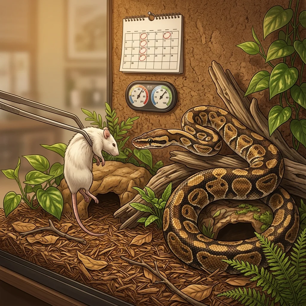 Ball python in naturalistic terrarium being offered frozen prey on schedule with calendar reference