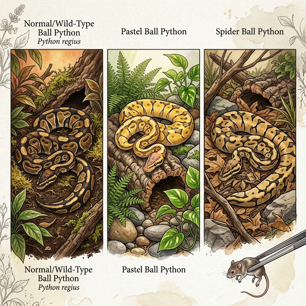 Three different ball python morphs side by side showing normal, pastel, and spider pattern variations
