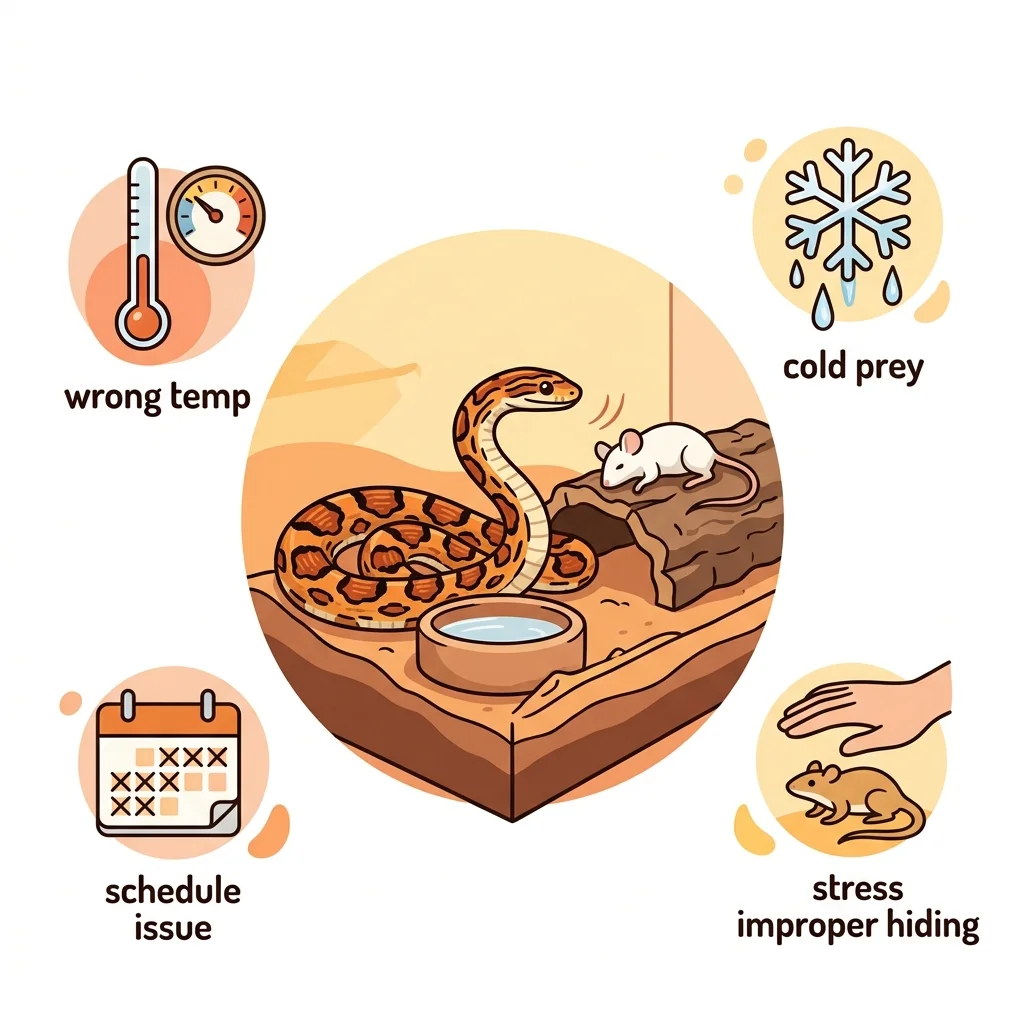 Corn snake refusing frozen mouse with diagnostic troubleshooting guide illustration
