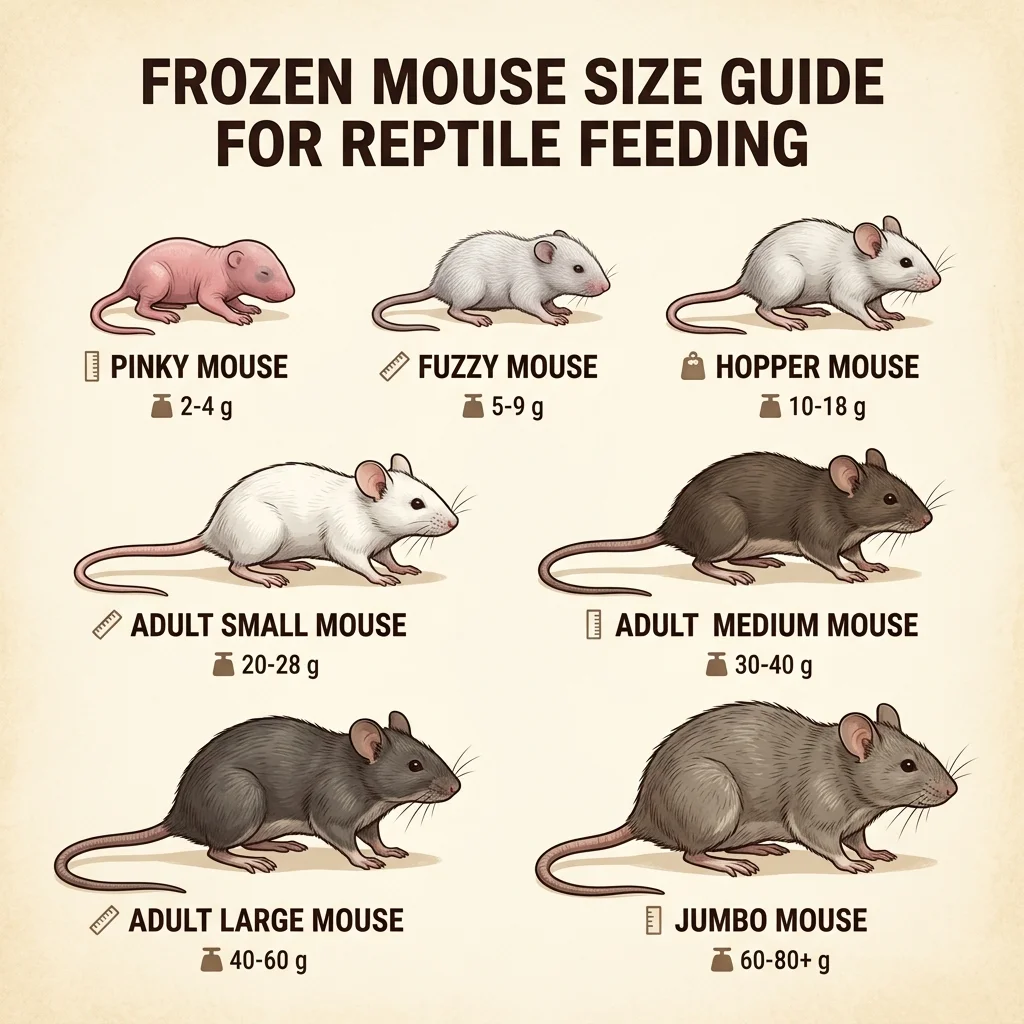 Frozen mouse size chart showing all stages from pinky to jumbo with weight labels