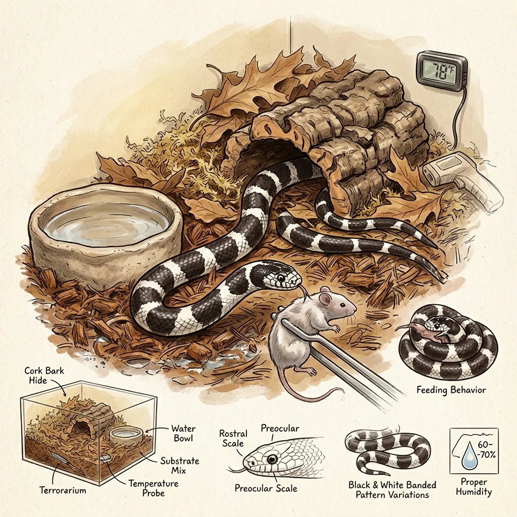 California kingsnake in naturalistic terrarium with feeding tongs and frozen mouse illustration