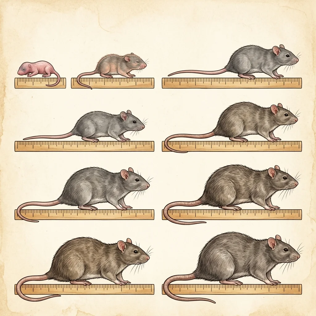 Detailed scientific illustration showing all rat sizes from pinky to jumbo with ruler reference